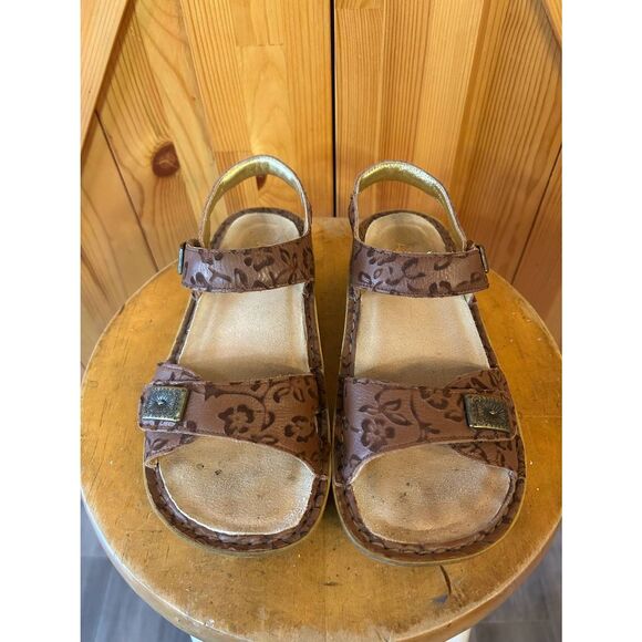 Alegria Brown Leather Floral Design Sandals Hook Loop Straps Size US6.5-7 EU37 - Picture 2 of 8
